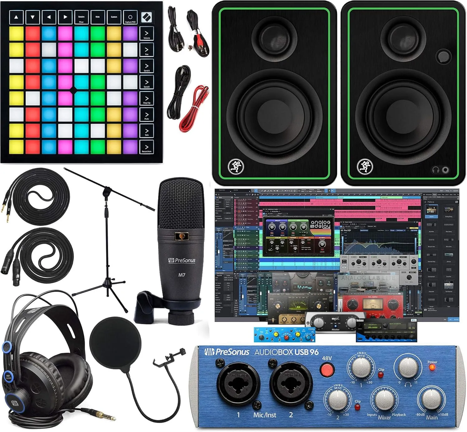 PreSonus AudioBox 96 Audio Interface Full Studio Kit w/Studio One Artist Software Pack w/Novation Launchpad X Grid Controller for Ableton Live, CR3-X Pair Studio Monitors & 1/4” Instrument Cable