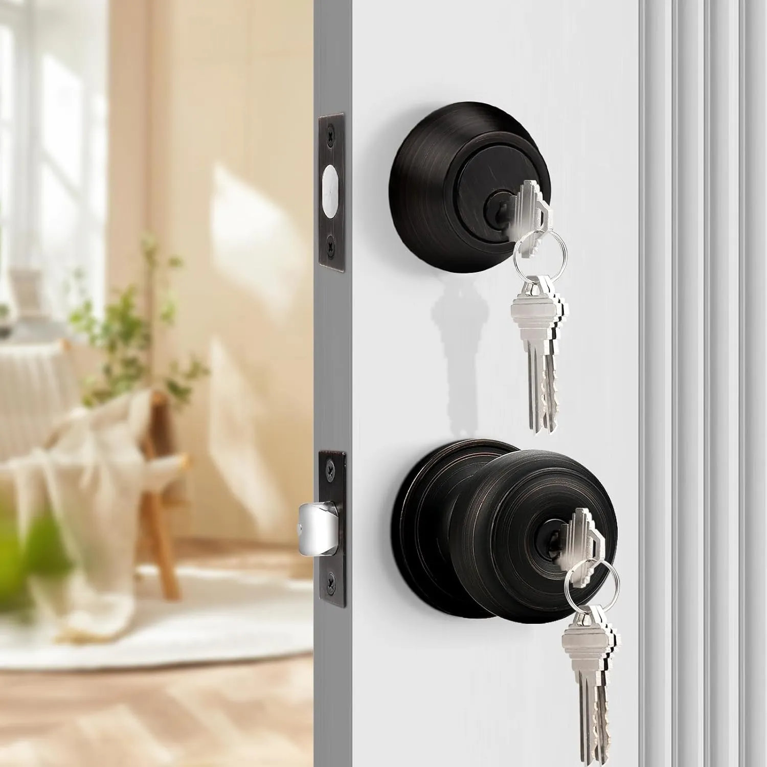 Probrico Keyed Alike Round Ball Entry Door Knob and Single Cylinder Deadbolt Set, Oil-Rubbed Bronze, 1Pack