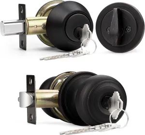Probrico Keyed Alike Round Ball Entry Door Knob and Single Cylinder Deadbolt Set, Oil-Rubbed Bronze, 1Pack