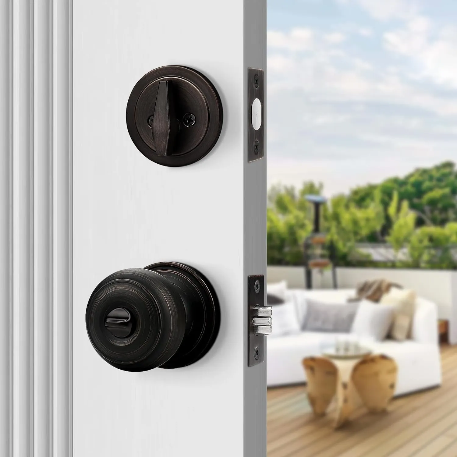 Probrico Keyed Alike Round Ball Entry Door Knob and Single Cylinder Deadbolt Set, Oil-Rubbed Bronze, 1Pack