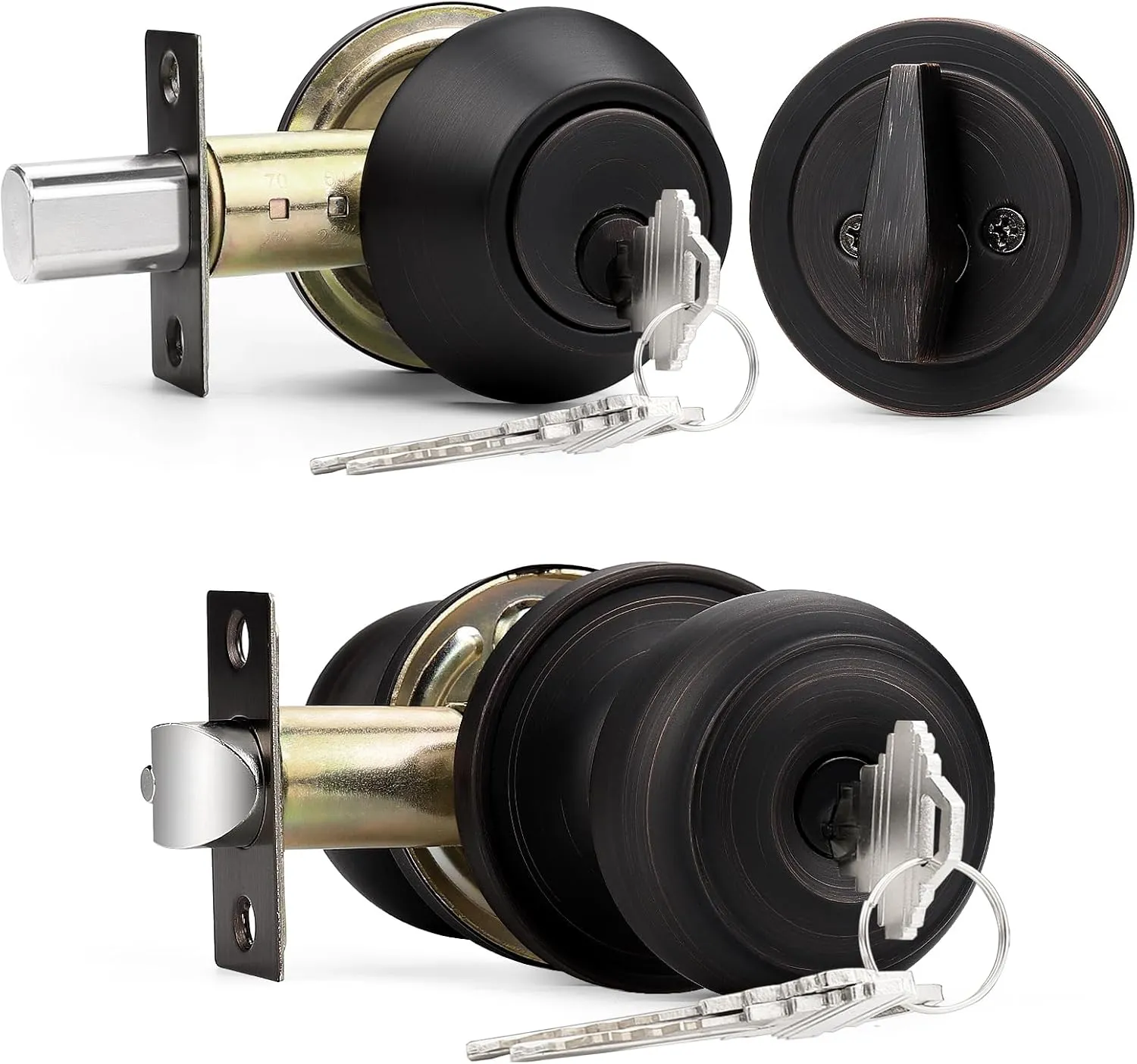 Probrico Keyed Alike Round Ball Entry Door Knob and Single Cylinder Deadbolt Set, Oil-Rubbed Bronze, 1Pack