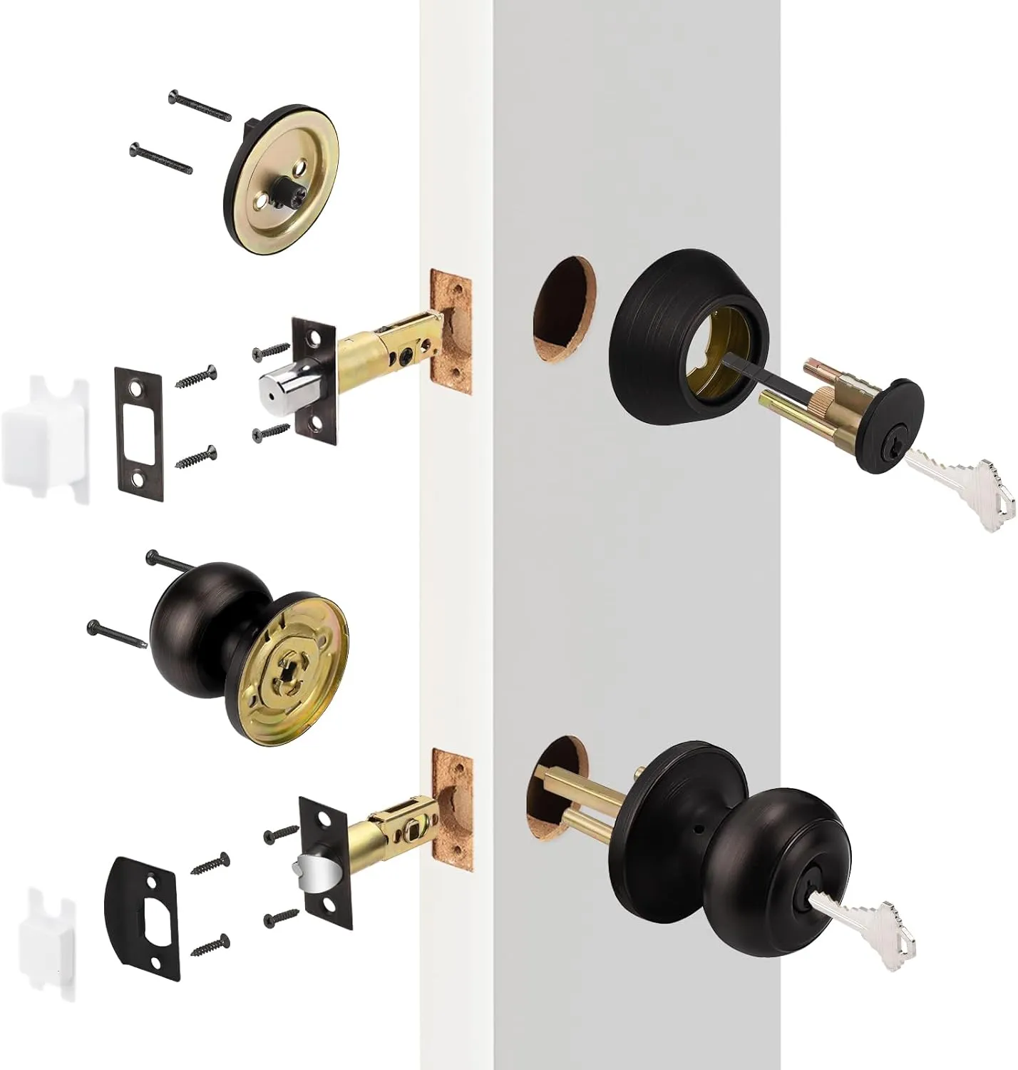 Probrico Keyed Alike Round Ball Entry Door Knob and Single Cylinder Deadbolt Set, Oil-Rubbed Bronze, 1Pack