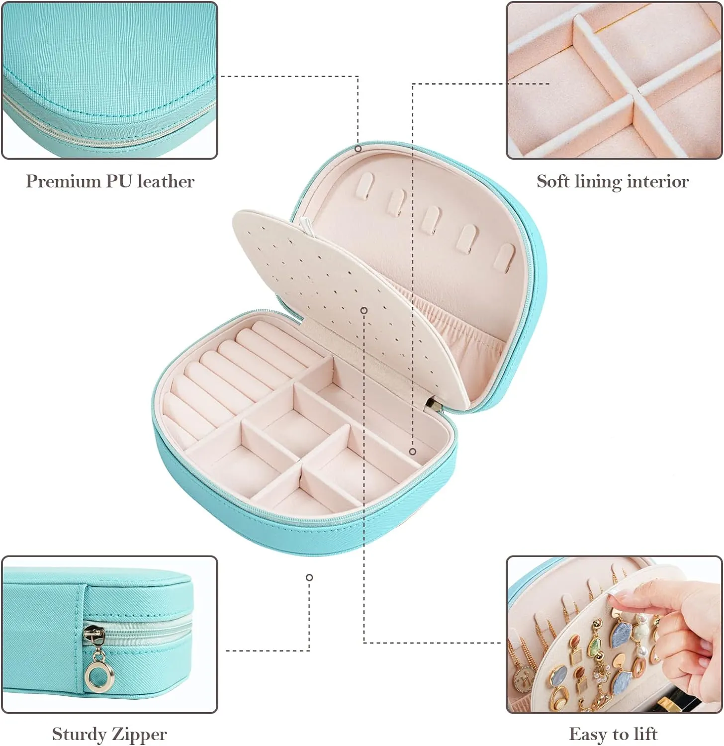 ProCase Travel Size Jewelry Box, Small Portable Seashell-Shaped Jewelry Case, 2 Layer Mini Jewelry Organizer in PU Leather for Women -Blue