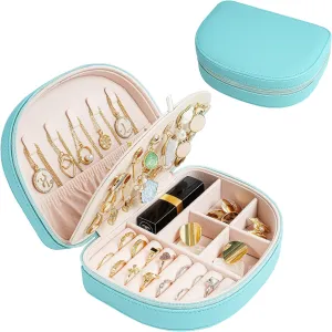 ProCase Travel Size Jewelry Box, Small Portable Seashell-Shaped Jewelry Case, 2 Layer Mini Jewelry Organizer in PU Leather for Women -Blue