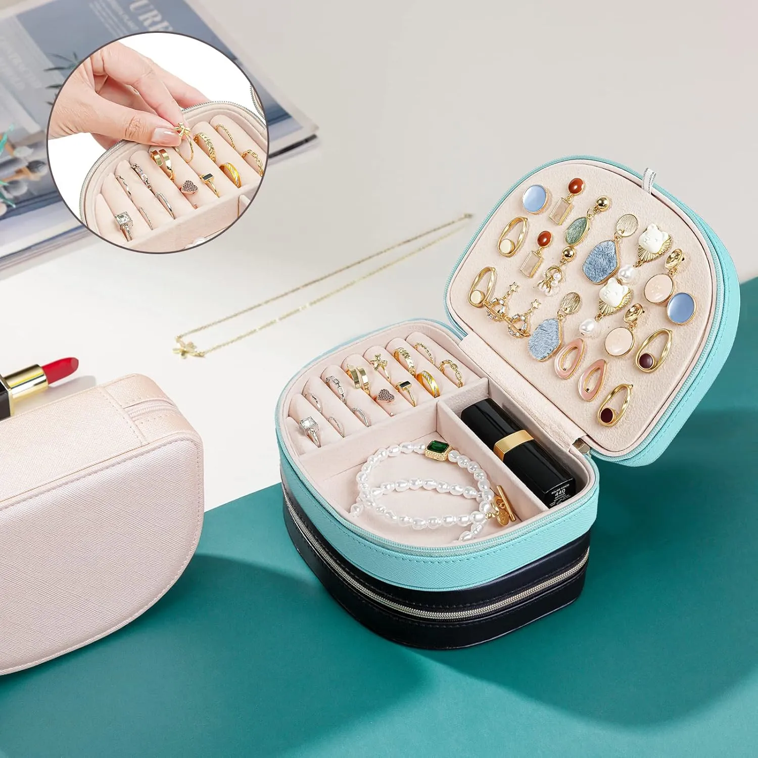 ProCase Travel Size Jewelry Box, Small Portable Seashell-Shaped Jewelry Case, 2 Layer Mini Jewelry Organizer in PU Leather for Women -Blue