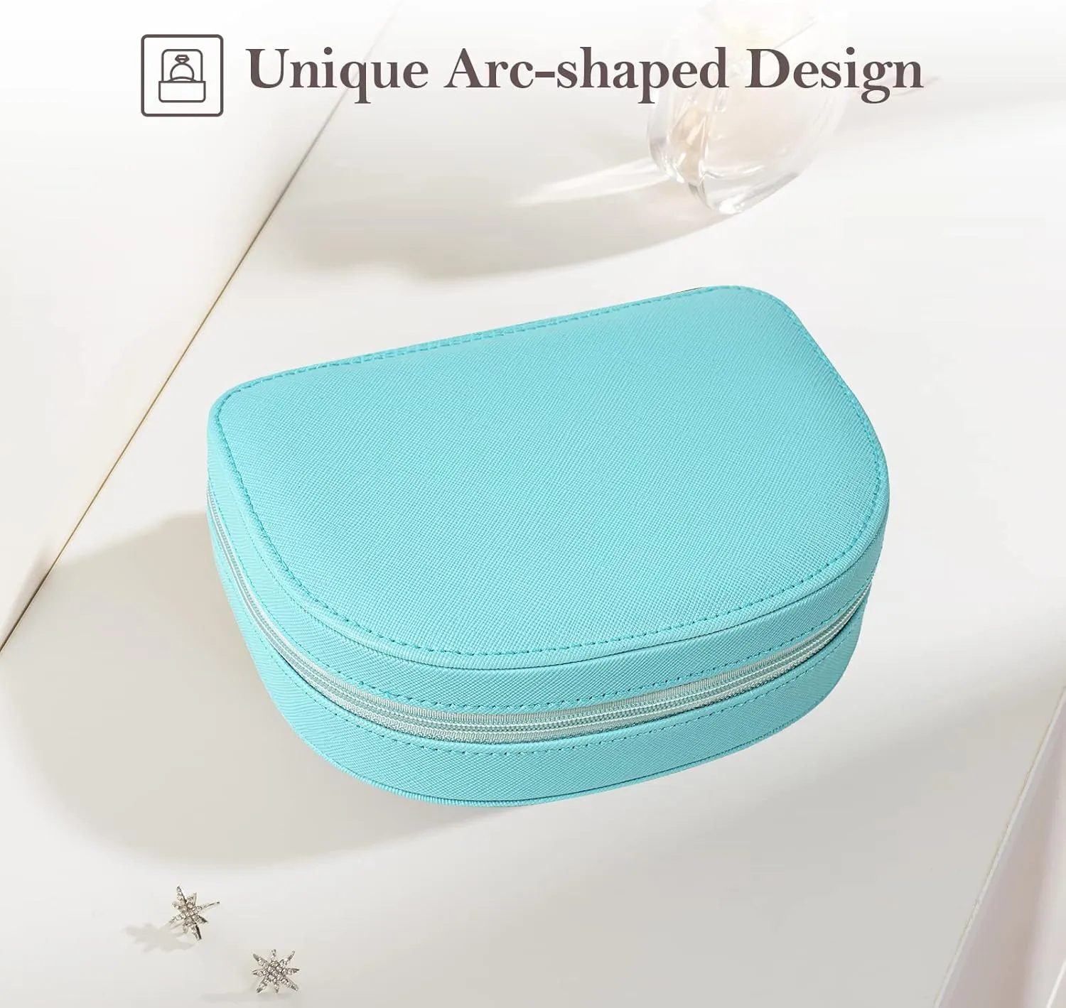 ProCase Travel Size Jewelry Box, Small Portable Seashell-Shaped Jewelry Case, 2 Layer Mini Jewelry Organizer in PU Leather for Women -Blue