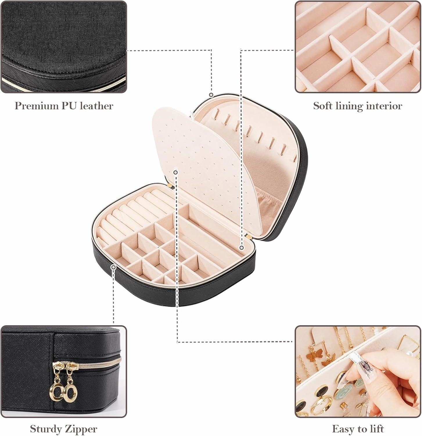 ProCase Travel Size Jewelry Box, Large Portable Seashell-Shaped Jewelry Case, 2 Layer Jewelry Organizer in PU Leather for Women -Black