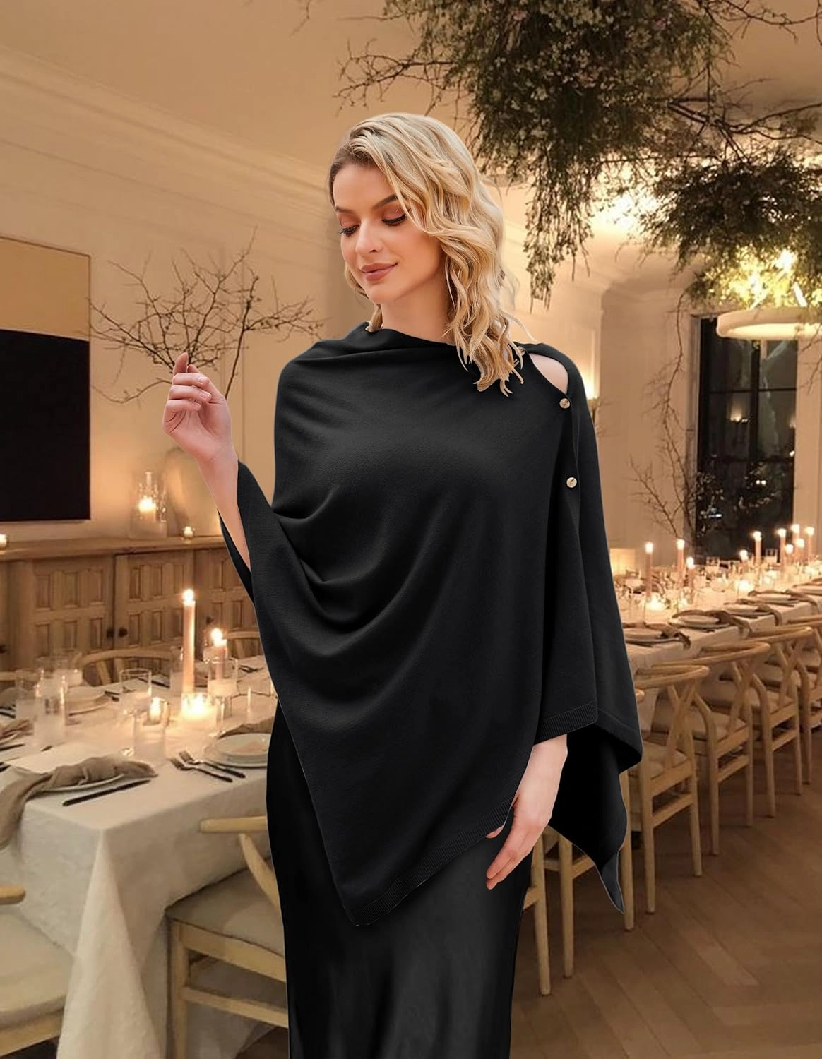 PULI Women's Versatile Knitted Shawls Scarf Poncho Sweater with Buttons Lightweight Spring Summer Fall Wraps