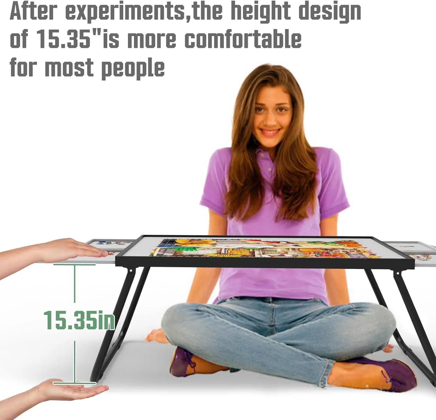 Puzzle Table 1500pcs, Metal & Plastic Frame, 4 Drawers, U-Shaped Legs, Grey & Black, 15.35 Inch Height