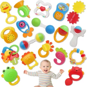 Qizebaby 21PCS Baby Rattles Toys Set, Baby Toys 3-6 Months, Infant Grab and Shake Rattle, Sensory Teether, Music Learning Toys for 3 4 5 6 7 8 9 10 11 12 Month 1 Year Old Toys for Newborn Boys Girls