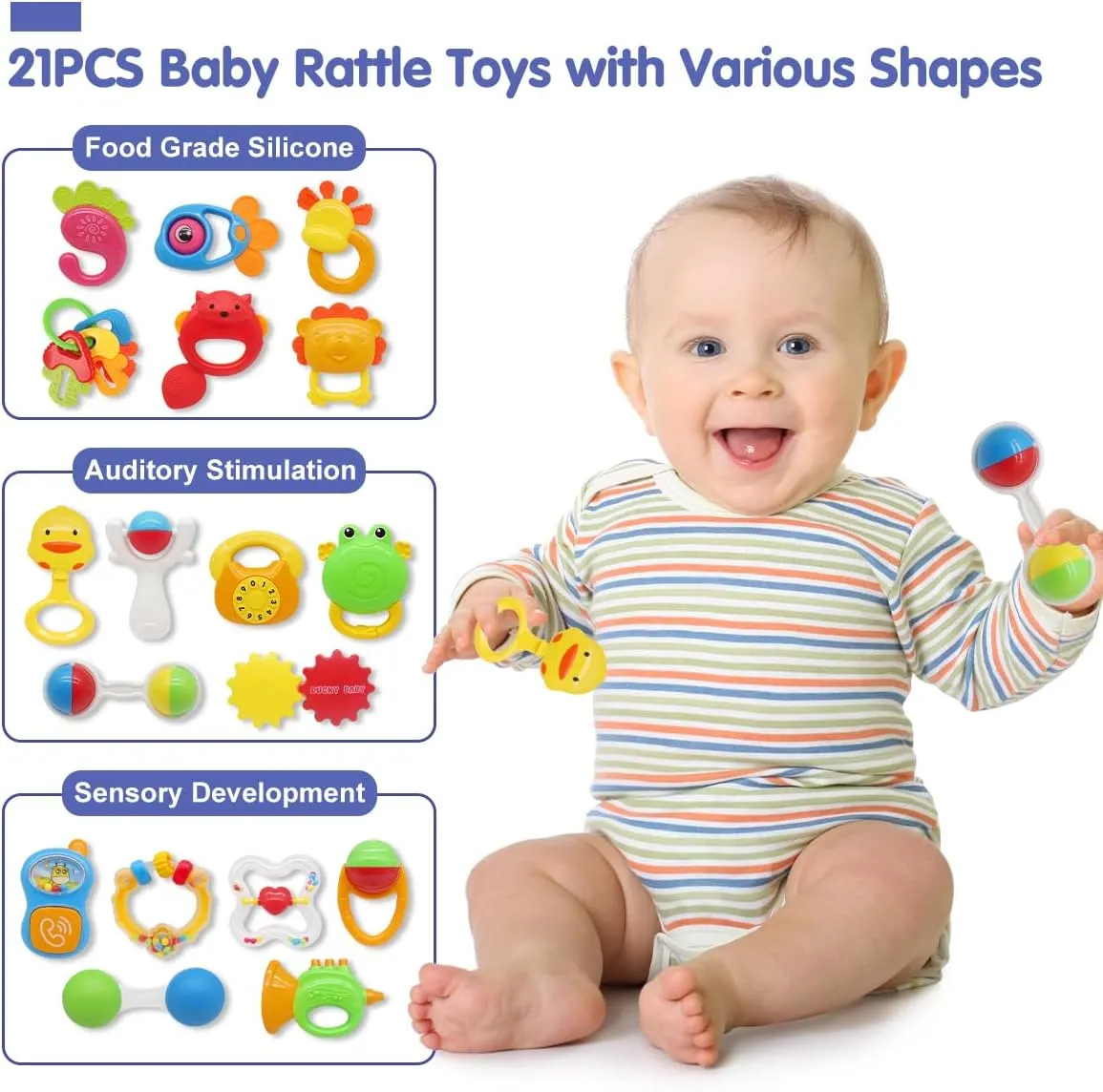 Qizebaby 21PCS Baby Rattles Toys Set, Baby Toys 3-6 Months, Infant Grab and Shake Rattle, Sensory Teether, Music Learning Toys for 3 4 5 6 7 8 9 10 11 12 Month 1 Year Old Toys for Newborn Boys Girls