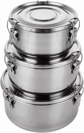 QTLCOHD 3 Pcs Stainless Steel Bento Box 22 Oz/ 34 Oz/ 54 Oz Metal Lunch Box Round Food Storage Containers, Airtight Leak-Proof Deli Containers with Lids for Camping Travel Picnic Leftovers