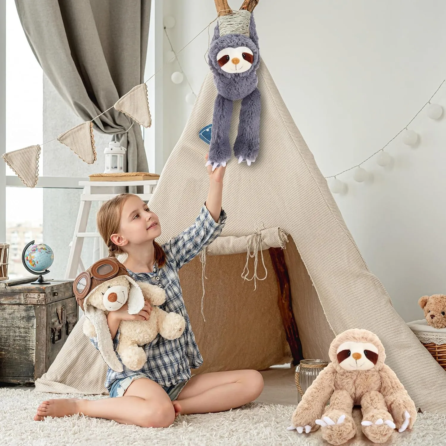 Queekay 2 Packs Sloth Stuffed Animal Hanging 18 Inch Three Toed Sloth Plush Toy with Hook and Loop Hands for Teens Adults Gifts Decors(Dark Gray, Light Brown)
