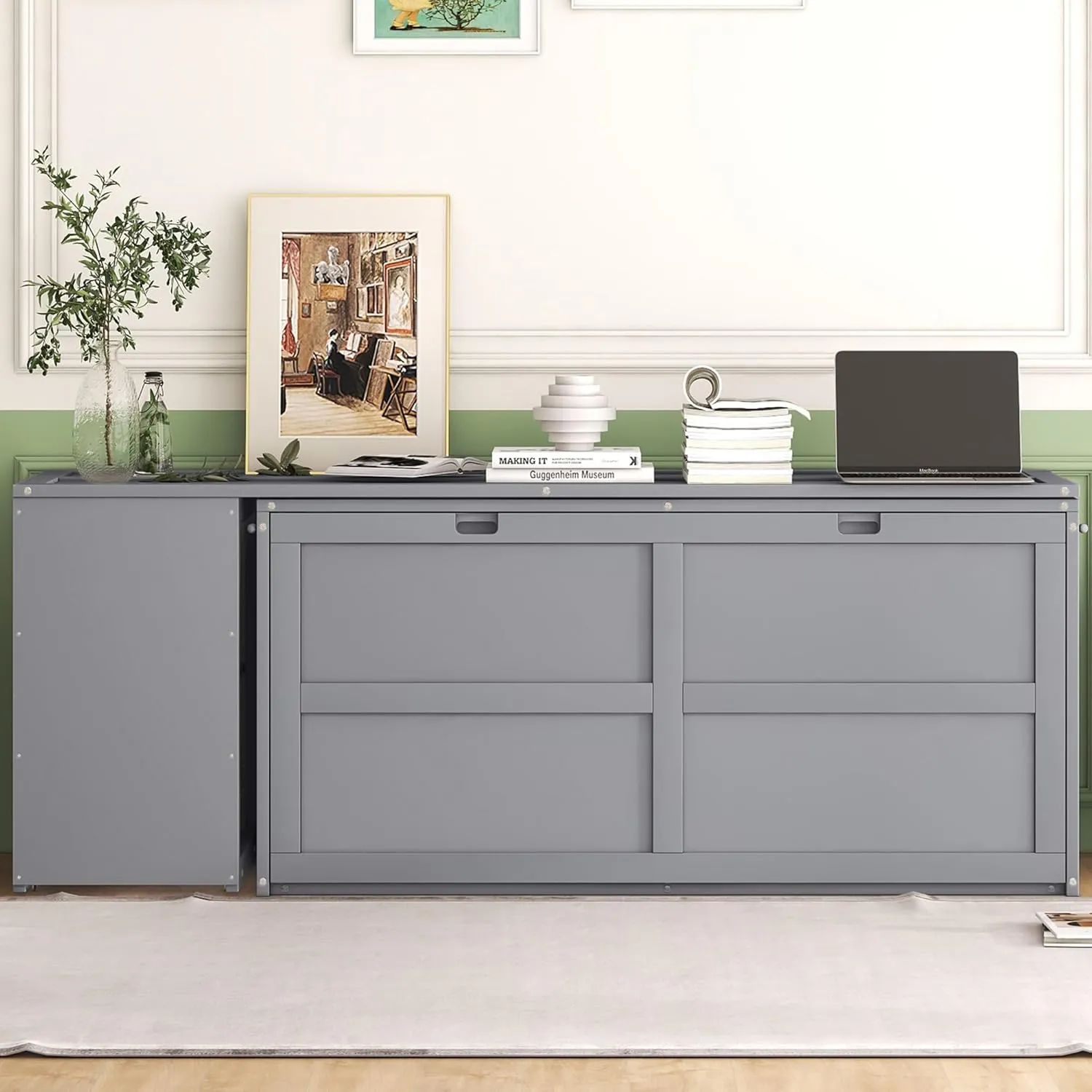 Queen Size Murphy Bed with Rotatable Desk, Queen Floor Bed Frame with Cabinet & Workstation Murphy Bed Cabinet Bed Murphy Bed Queen Hidden Murphy beds Murphy Cube Cabinet Bed （Gray)