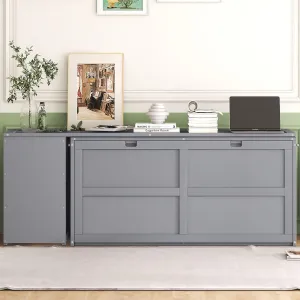 Queen Size Murphy Bed with Rotatable Desk, Queen Floor Bed Frame with Cabinet & Workstation Murphy Bed Cabinet Bed Murphy Bed Queen Hidden Murphy beds Murphy Cube Cabinet Bed （Gray)