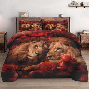 Queen Size Comforter Set with 2 Pillowcases, Wild Lion Animal King Brother 3 Pcs Bedding for Kids and Adults, Red Rose Lover Soft Comforter Set for Bedroom Bed Decor
