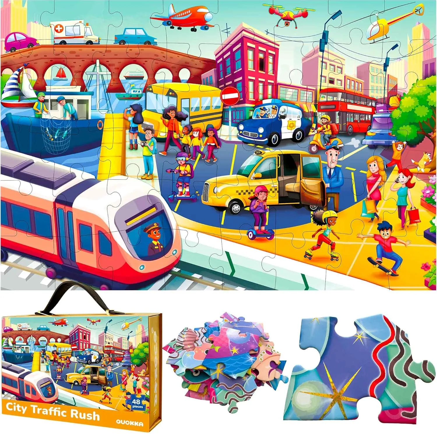 QUOKKA Giant Floor Puzzle for Kids Ages 4-6 – 2x3 Feet Extra-Thick 48 Pieces Toddler Puzzle Ages 3-5 – City Cars Educational Activity for Boys Girls – Premium Box with Sturdy Handle & Magnetic Closure