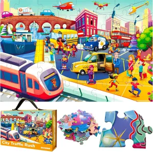 QUOKKA Giant Floor Puzzle for Kids Ages 4-6 – 2x3 Feet Extra-Thick 48 Pieces Toddler Puzzle Ages 3-5 – City Cars Educational Activity for Boys Girls – Premium Box with Sturdy Handle & Magnetic Closure