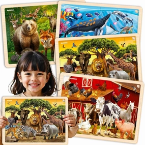 QUOKKA 4SET Puzzles for Kids Ages 4-6 - 48 Pcs Wooden Toddler Realistic Montessori Puzzles Ages 3-5 - Wild Animals Africa Ocean Farm Learning Games for Boys and Girls 4-8 Year Olds
