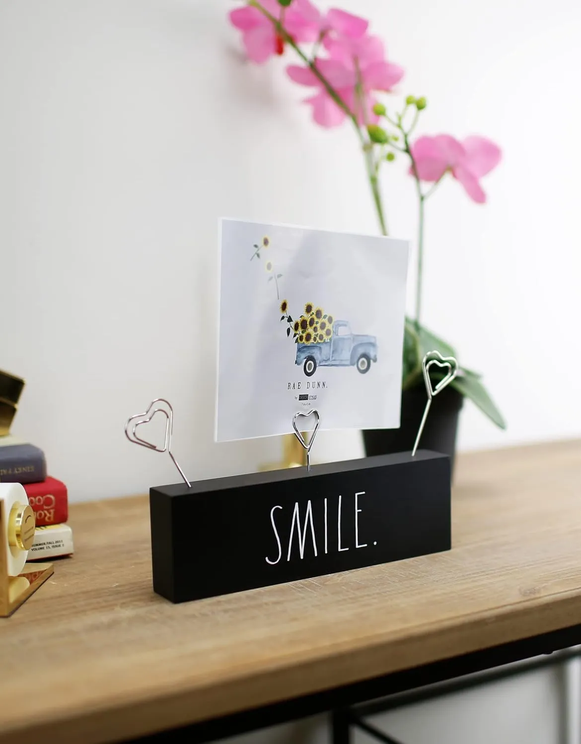 Rae Dunn Photo Holder Picture Display - Multiple Picture Holder for Desk, Table, Cubicle Shelf, Windowsill, Mantle - Cute Heart Shaped Wire Clips in a Decorative Wooden Block Stand - Smile Black