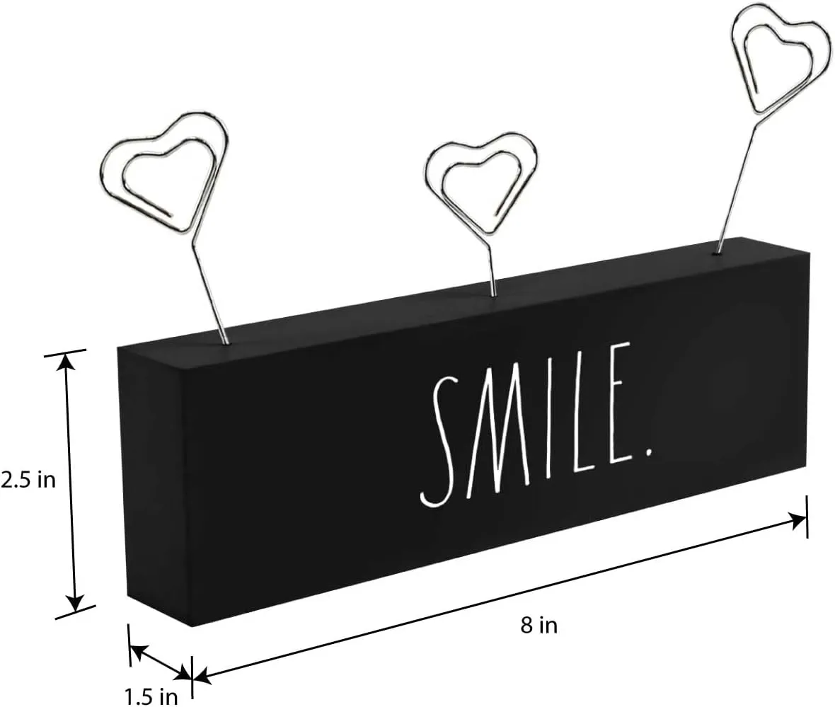 Rae Dunn Photo Holder Picture Display - Multiple Picture Holder for Desk, Table, Cubicle Shelf, Windowsill, Mantle - Cute Heart Shaped Wire Clips in a Decorative Wooden Block Stand - Smile Black