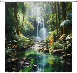 Rainforest Waterfall Shower Curtain Tropical Jungle Stream Green Forest Plant Natural Landscape Spring Summer Bathroom Decor Fabric Curtains with Hooks