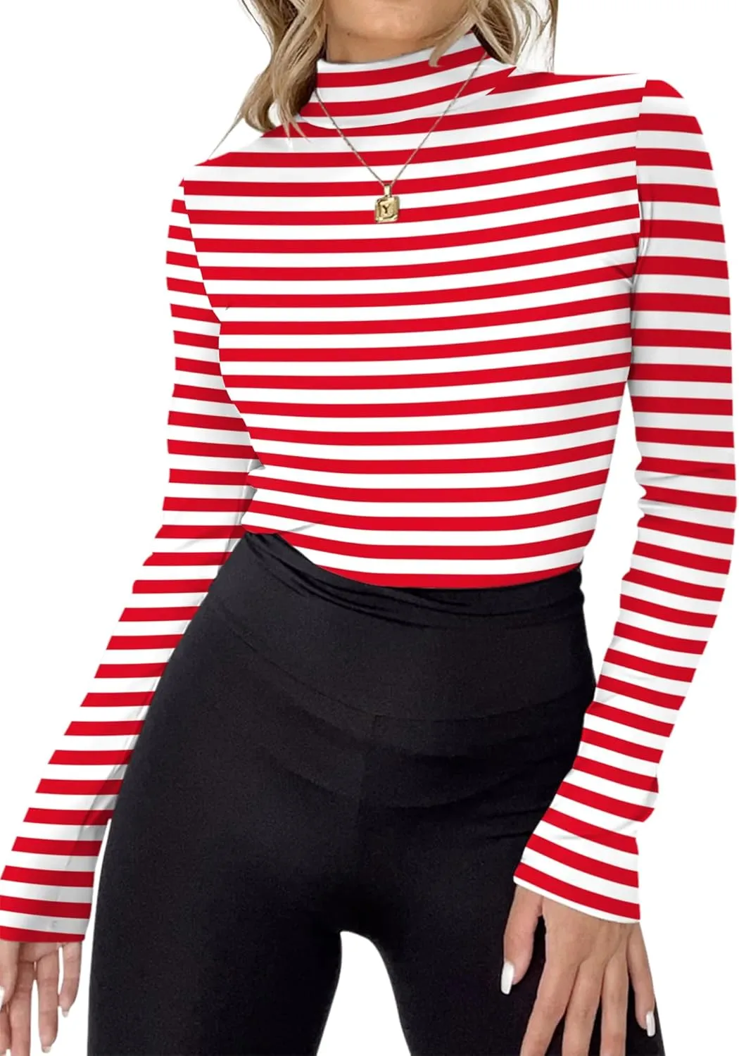 Rapbin Womens Long Sleeve Mock Turtleneck Tops Knit Basic Stretch Fitted Pullover Lightweight Thermal Shirts