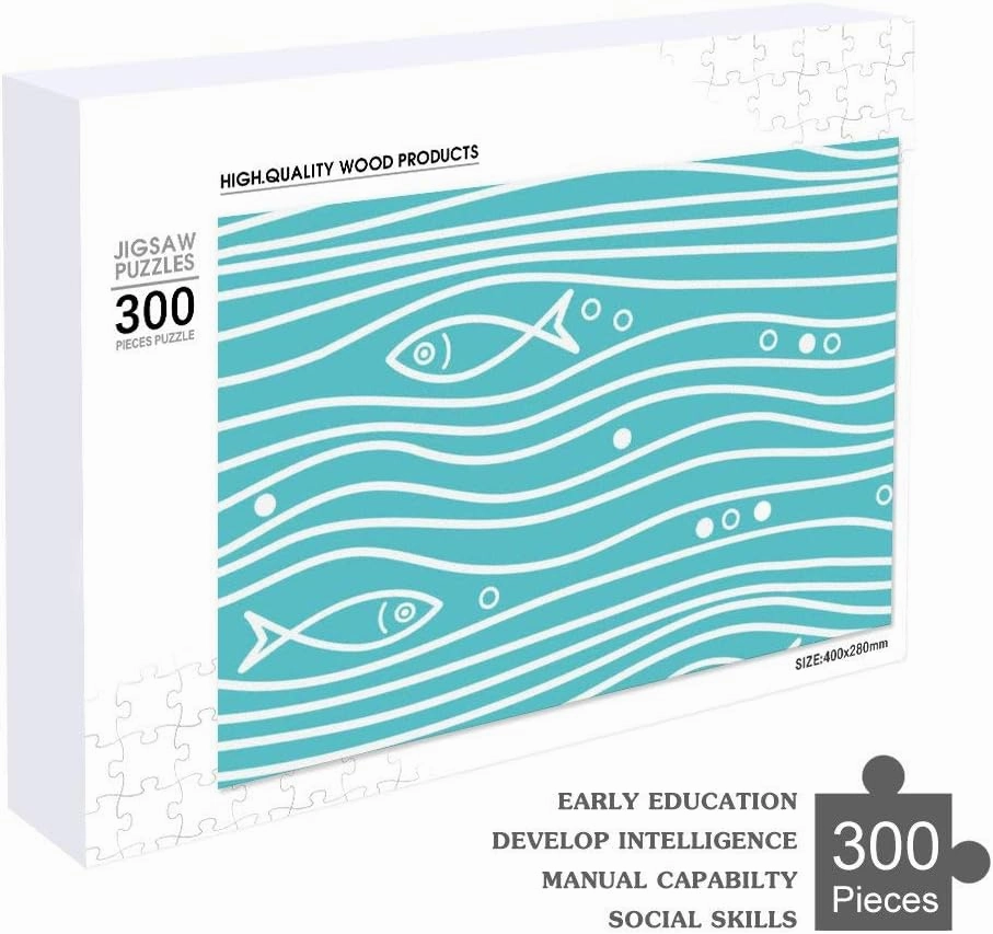 Rashu Jigsaw Puzzles for Adult Large PictureBlue Simple Pattern Fishes WavesWooden Puzzles Intelligent Education Brain Puzzles Game Home Wall Decor