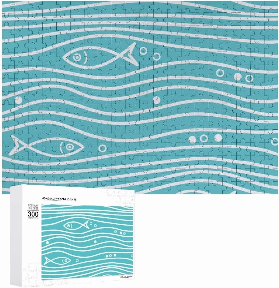 Rashu Jigsaw Puzzles for Adult Large PictureBlue Simple Pattern Fishes WavesWooden Puzzles Intelligent Education Brain Puzzles Game Home Wall Decor