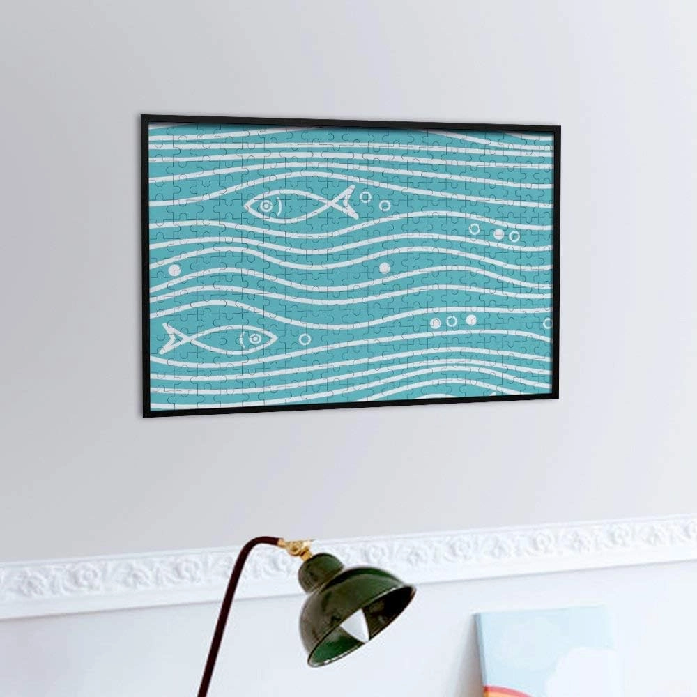 Rashu Jigsaw Puzzles for Adult Large PictureBlue Simple Pattern Fishes WavesWooden Puzzles Intelligent Education Brain Puzzles Game Home Wall Decor