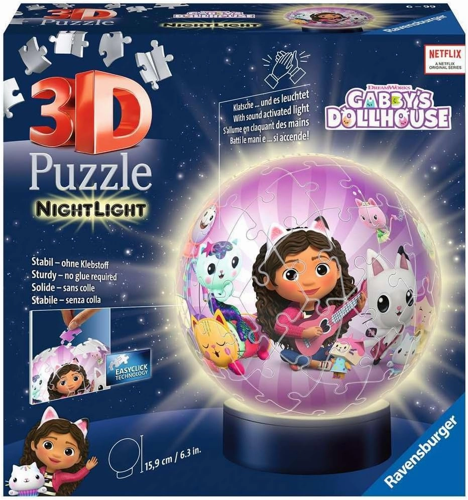 Ravensburger - Illuminated 3D Ball Puzzle - Gabby's Dollhouse - Ages 6  - 72 Numbered Pieces to Assemble Without Glue - Light Base Included - 11575