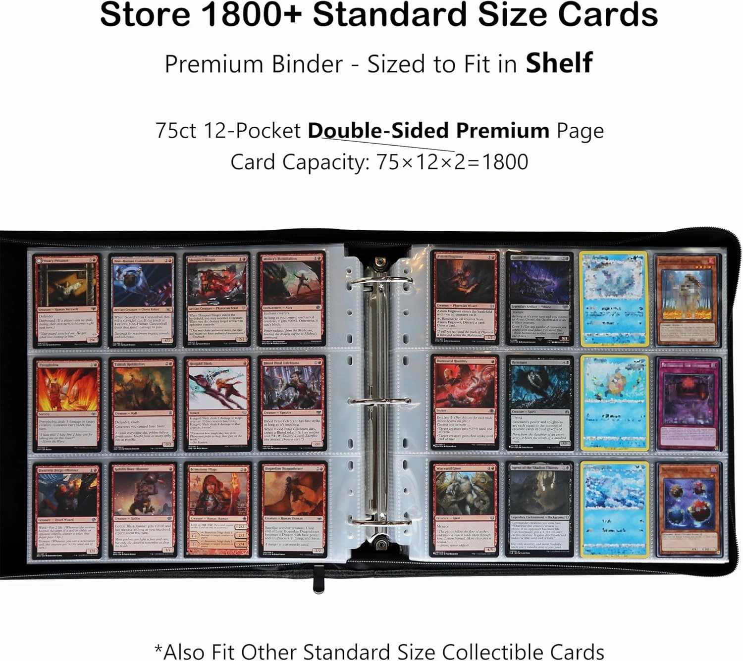 Rayvol Trading Card Binder, 12 Pocket Fit 1800 Cards - Metal D-Ring Card Holder with 75 Double-Sided Clear Pages, Top-Loading Collectors Album -Forest Green