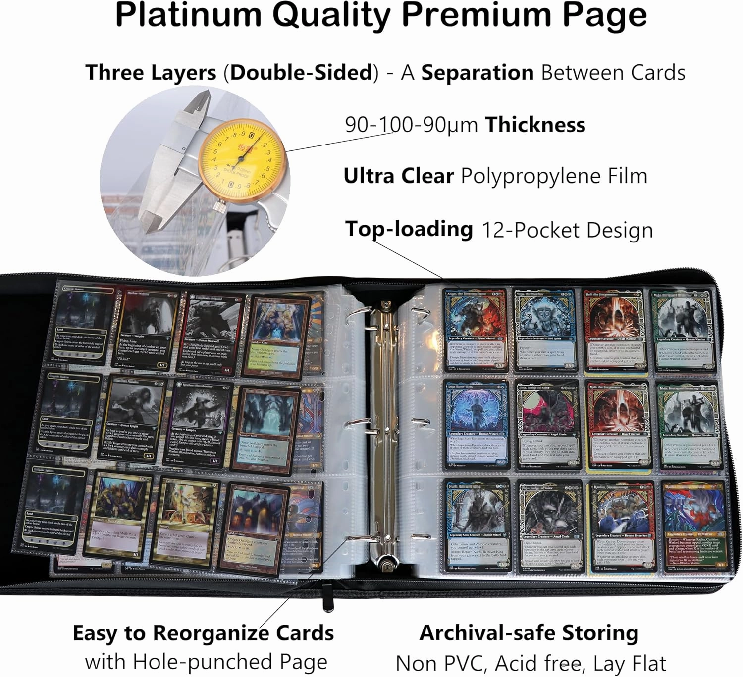 Rayvol Trading Card Binder, 12 Pocket Fit 1800 Cards - Metal D-Ring Card Holder with 75 Double-Sided Clear Pages, Top-Loading Collectors Album -Forest Green