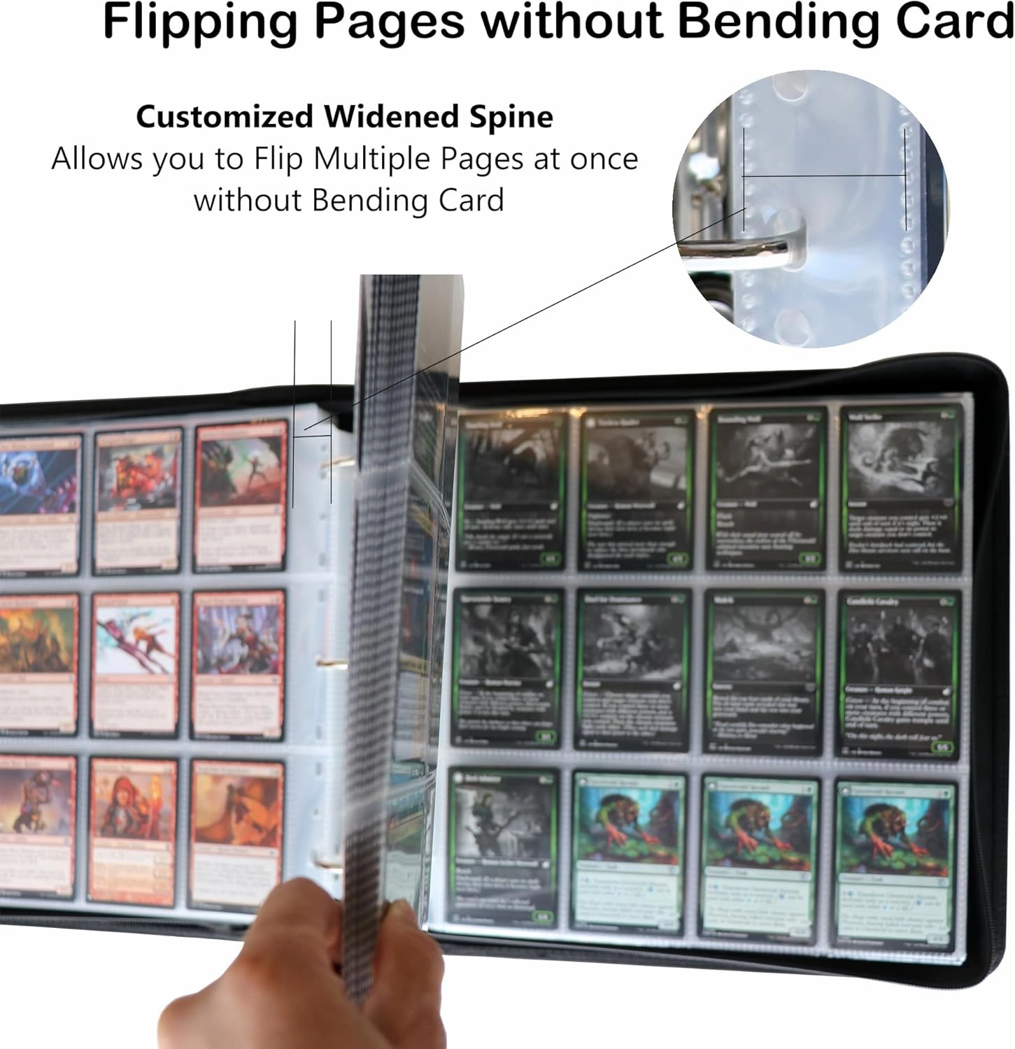 Rayvol Trading Card Binder, 12 Pocket Fit 1800 Cards - Metal D-Ring Card Holder with 75 Double-Sided Clear Pages, Top-Loading Collectors Album -Forest Green