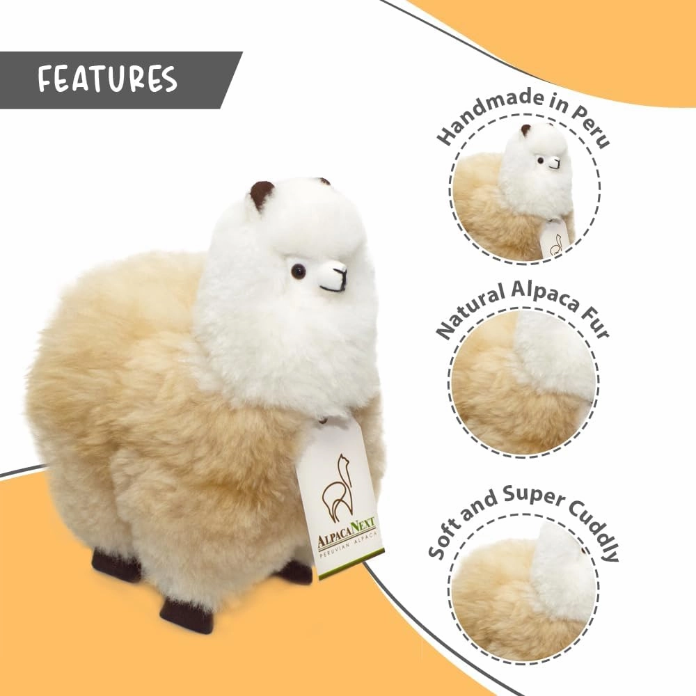 Real Alpaka Natural Fur Toy – 9 inch. Soft and Cuddly Handcrafted Llama Stuffed Animal. (9 inches, Beige & White)