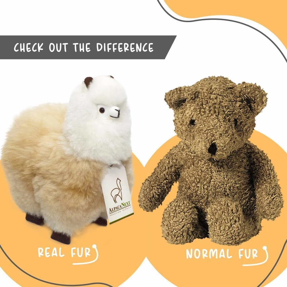 Real Alpaka Natural Fur Toy – 9 inch. Soft and Cuddly Handcrafted Llama Stuffed Animal. (9 inches, Beige & White)