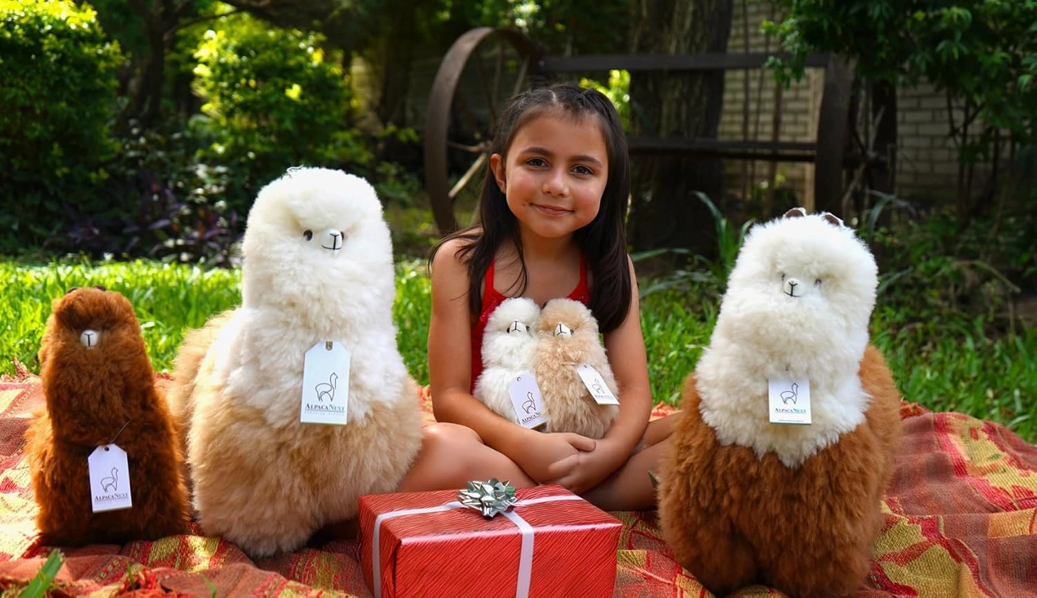 Real Alpaka Natural Fur Toy – 9 inch. Soft and Cuddly Handcrafted Llama Stuffed Animal. (9 inches, Beige & White)