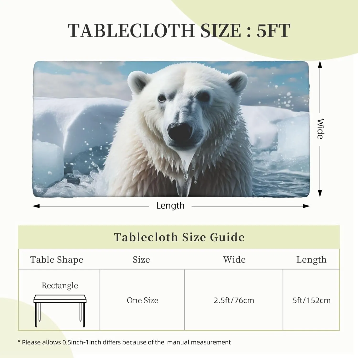 Rectangle Table Cover Waterproof Table Cloth 30"x60" Cool Animal White Polar Bear Table Cloths Tablecloth for Kitchen Wrinkle Free Tablecover for Dining Outdoor Camping Picnic