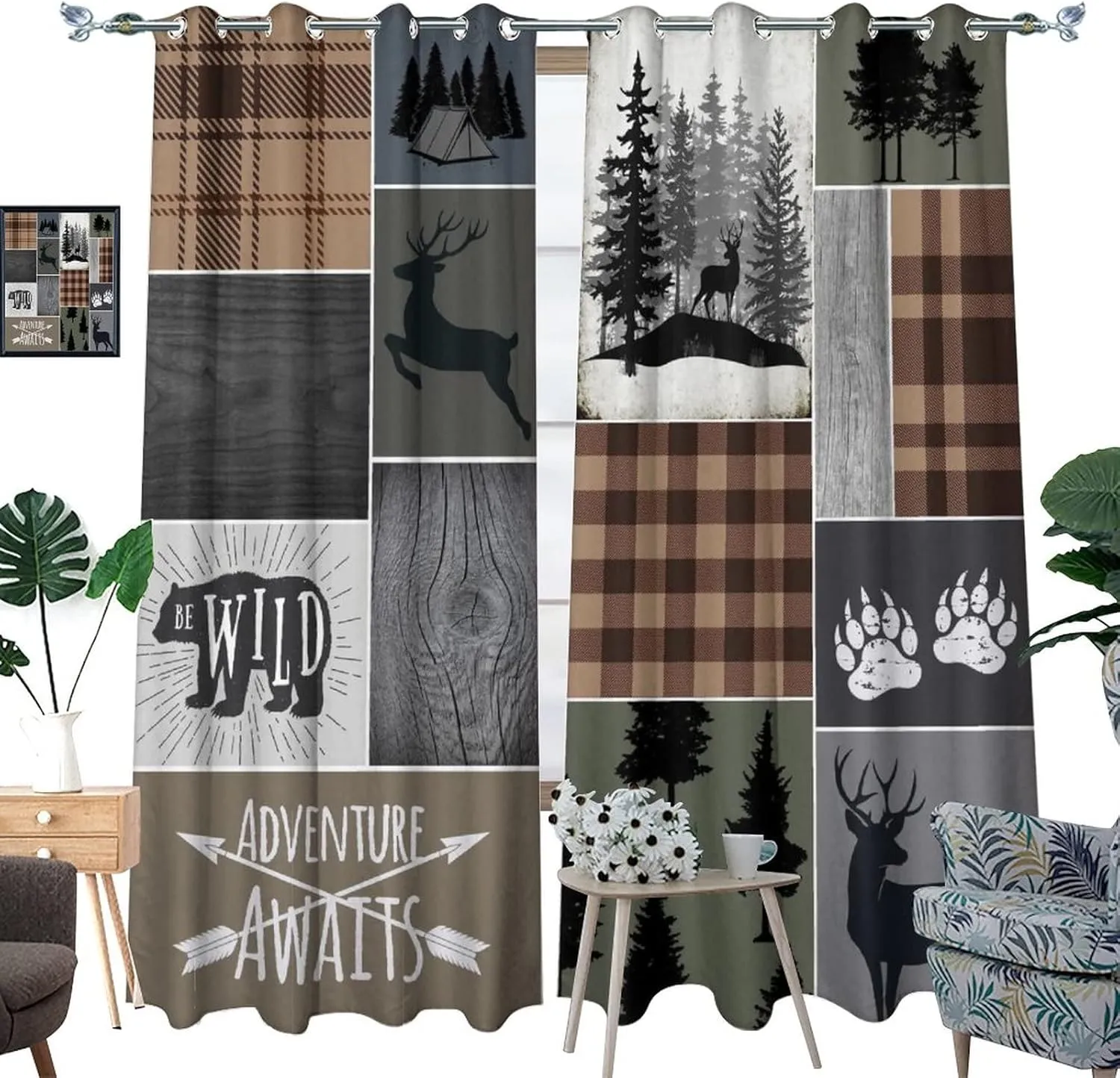 Retro Cabin Bear Deer Blackout Curtains,Country Farmhouse Hunting Theme Wildlife Plaid Check Lodge Grommet Thermal Insulated Room Darkening Curtains Window Treatments 2 Panels 63L x 21W