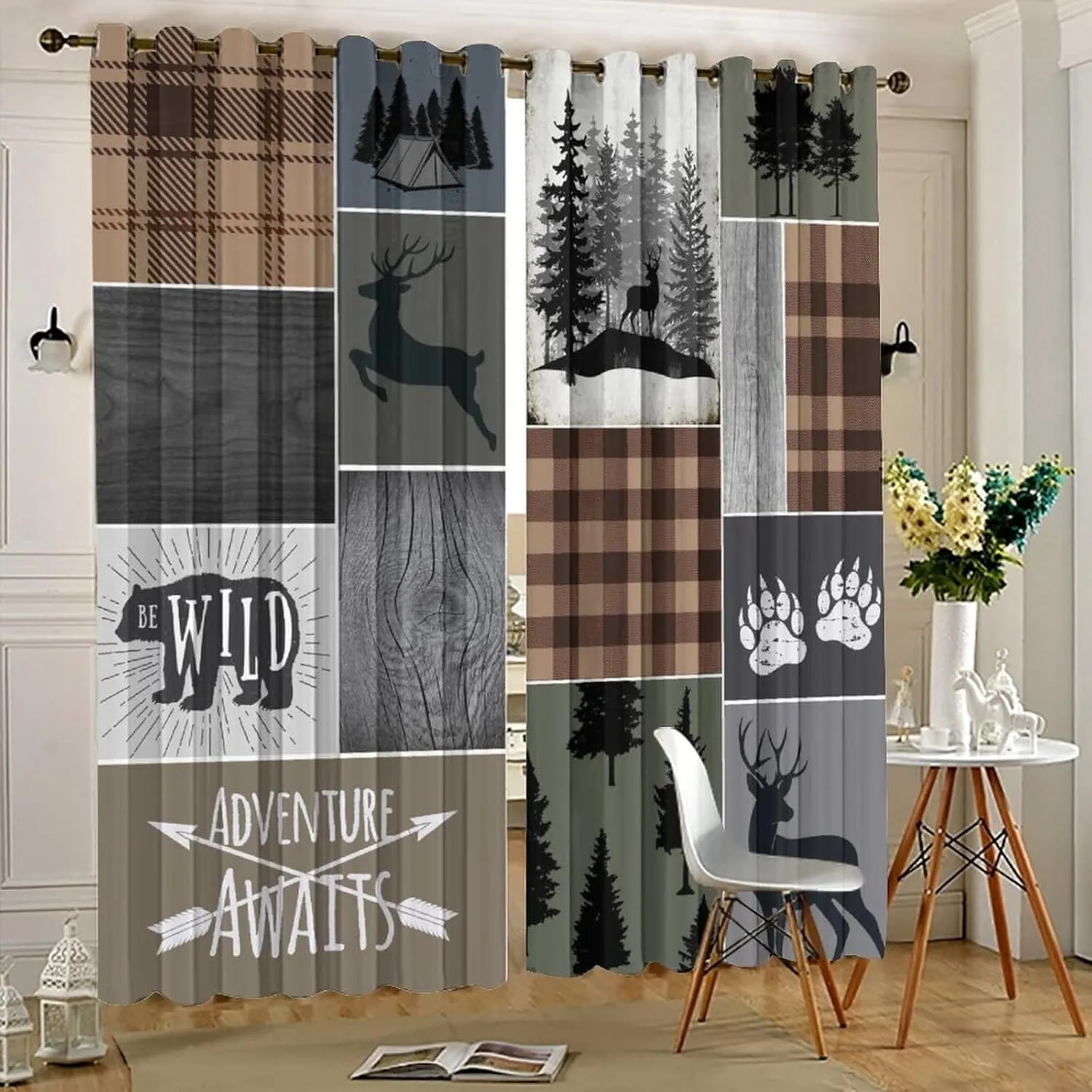 Retro Cabin Bear Deer Blackout Curtains,Country Farmhouse Hunting Theme Wildlife Plaid Check Lodge Grommet Thermal Insulated Room Darkening Curtains Window Treatments 2 Panels 63L x 21W