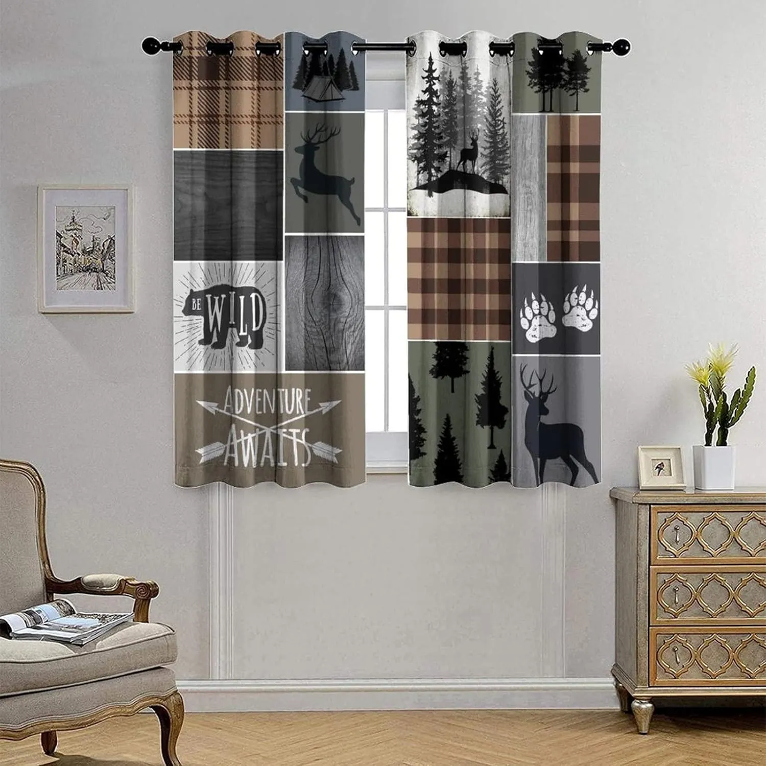Retro Cabin Bear Deer Blackout Curtains,Country Farmhouse Hunting Theme Wildlife Plaid Check Lodge Grommet Thermal Insulated Room Darkening Curtains Window Treatments 2 Panels 63L x 21W