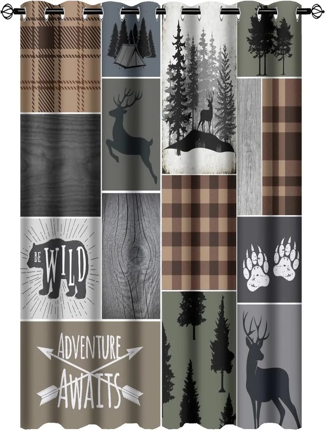 Retro Cabin Bear Deer Blackout Curtains,Country Farmhouse Hunting Theme Wildlife Plaid Check Lodge Grommet Thermal Insulated Room Darkening Curtains Window Treatments 2 Panels 63L x 21W
