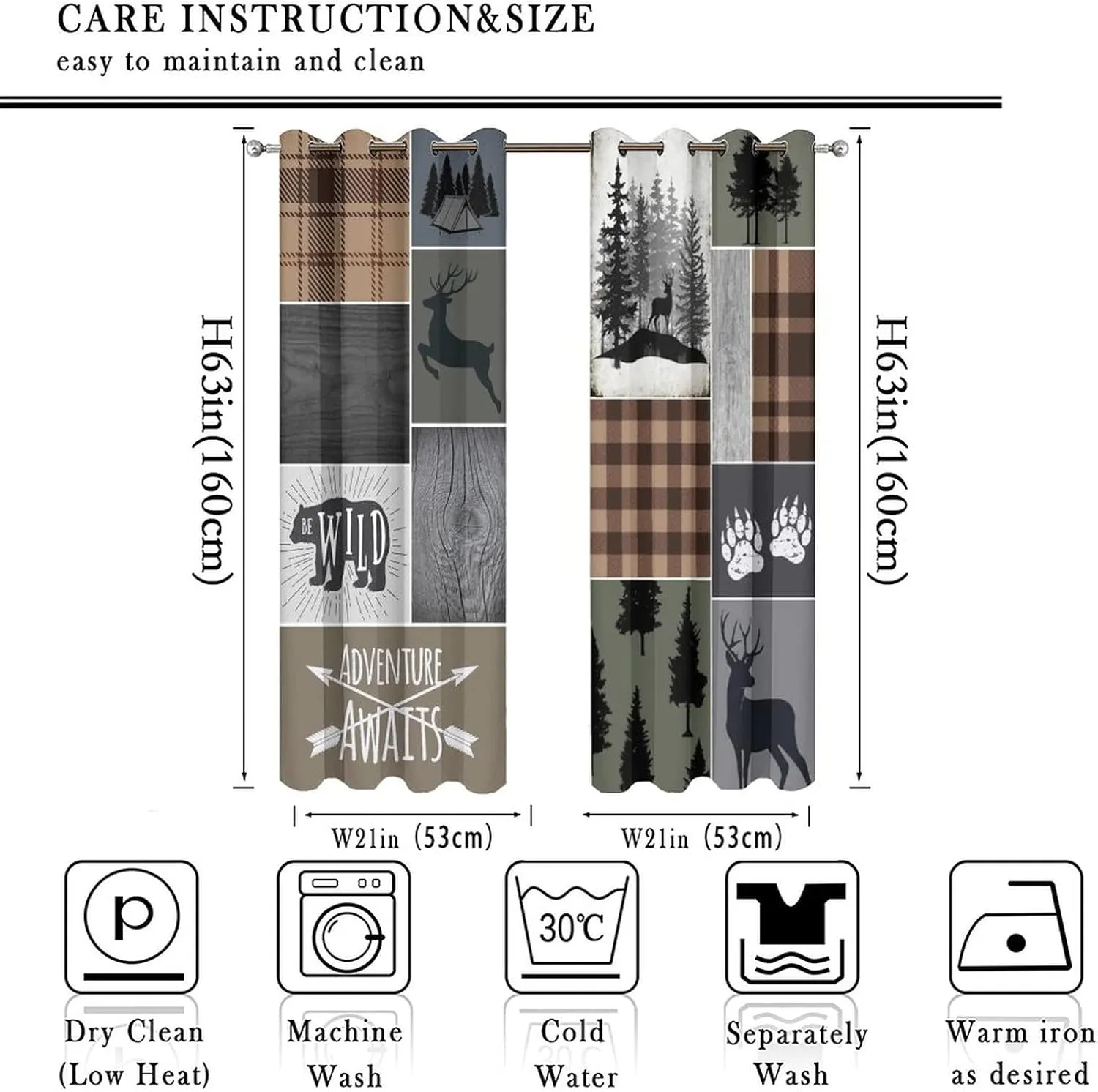 Retro Cabin Bear Deer Blackout Curtains,Country Farmhouse Hunting Theme Wildlife Plaid Check Lodge Grommet Thermal Insulated Room Darkening Curtains Window Treatments 2 Panels 63L x 21W