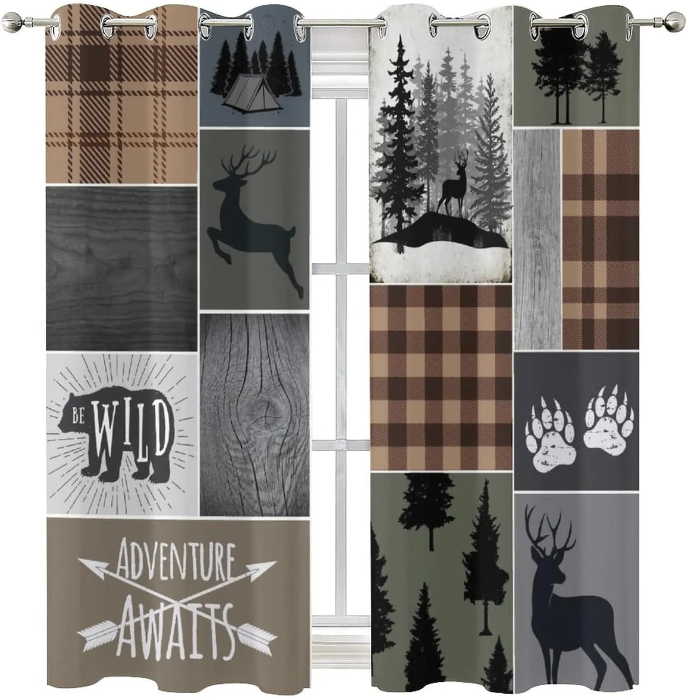 Retro Cabin Bear Deer Blackout Curtains,Country Farmhouse Hunting Theme Wildlife Plaid Check Lodge Grommet Thermal Insulated Room Darkening Curtains Window Treatments 2 Panels 63L x 21W