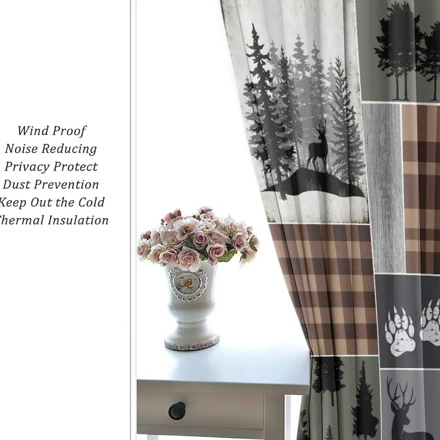 Retro Cabin Bear Deer Blackout Curtains,Country Farmhouse Hunting Theme Wildlife Plaid Check Lodge Grommet Thermal Insulated Room Darkening Curtains Window Treatments 2 Panels 63L x 21W