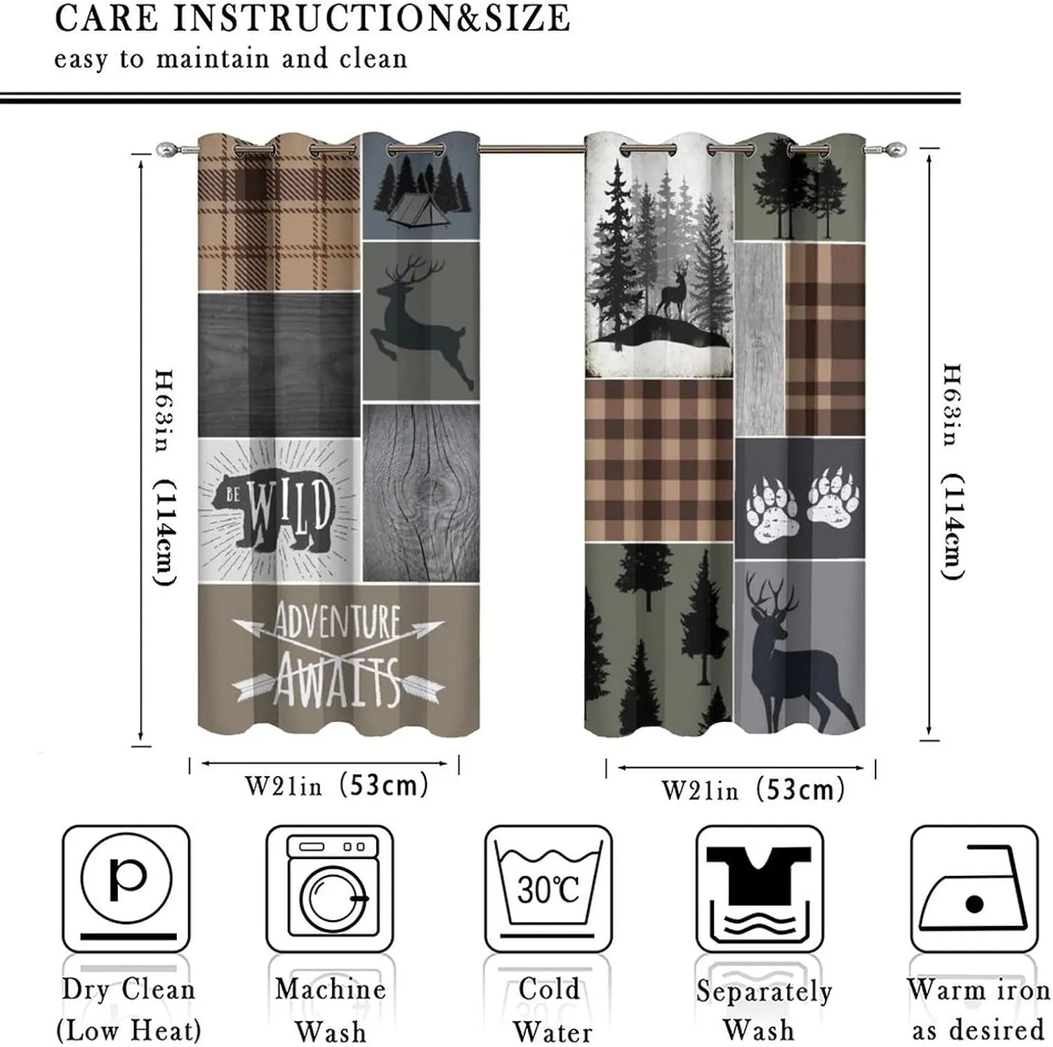 Retro Cabin Bear Deer Room Darkening Blackout Window Curtains with Grommets,Country Farmhouse Hunting Theme Wildlife Plaid Check Lodge Energy Efficient Window Treatment 2 Panels 45L x 21W