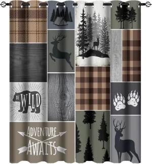 Retro Cabin Bear Deer Room Darkening Blackout Window Curtains with Grommets,Country Farmhouse Hunting Theme Wildlife Plaid Check Lodge Energy Efficient Window Treatment 2 Panels 45L x 21W