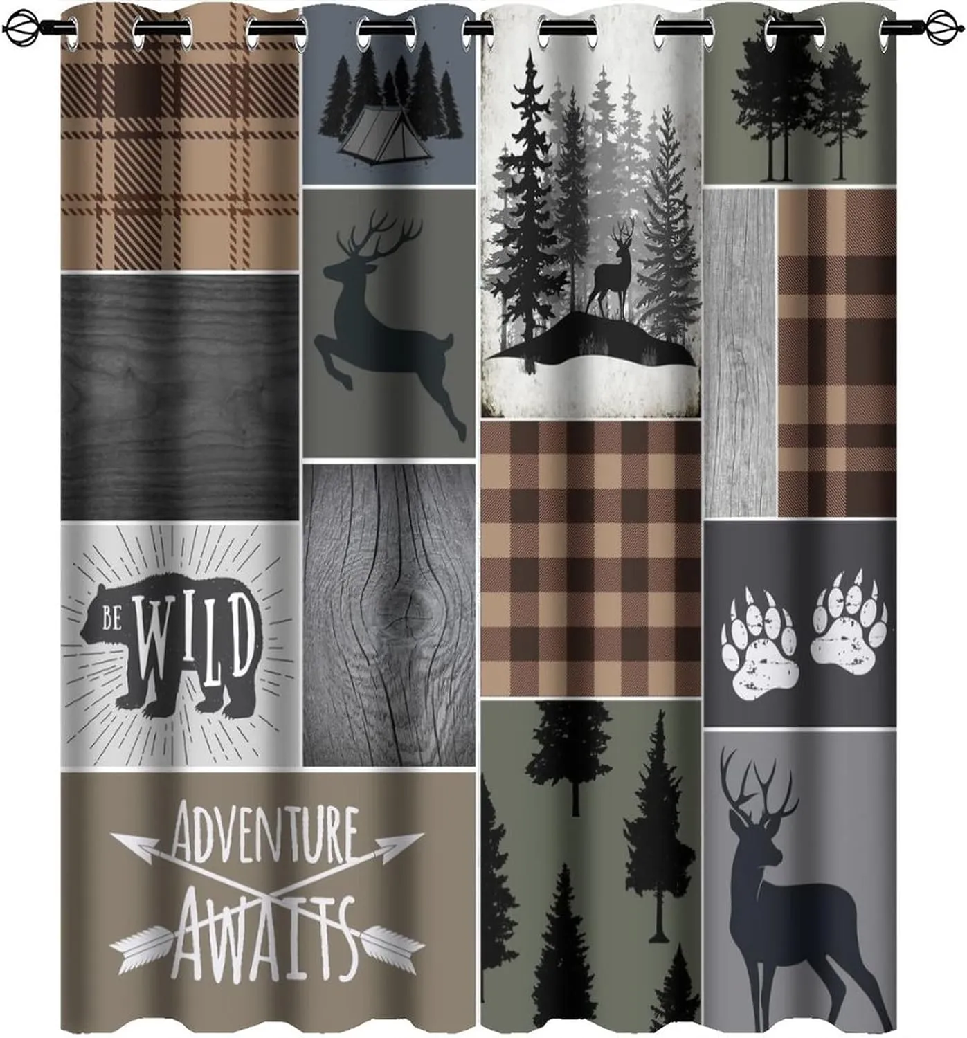 Retro Cabin Bear Deer Room Darkening Blackout Window Curtains with Grommets,Country Farmhouse Hunting Theme Wildlife Plaid Check Lodge Energy Efficient Window Treatment 2 Panels 45L x 21W