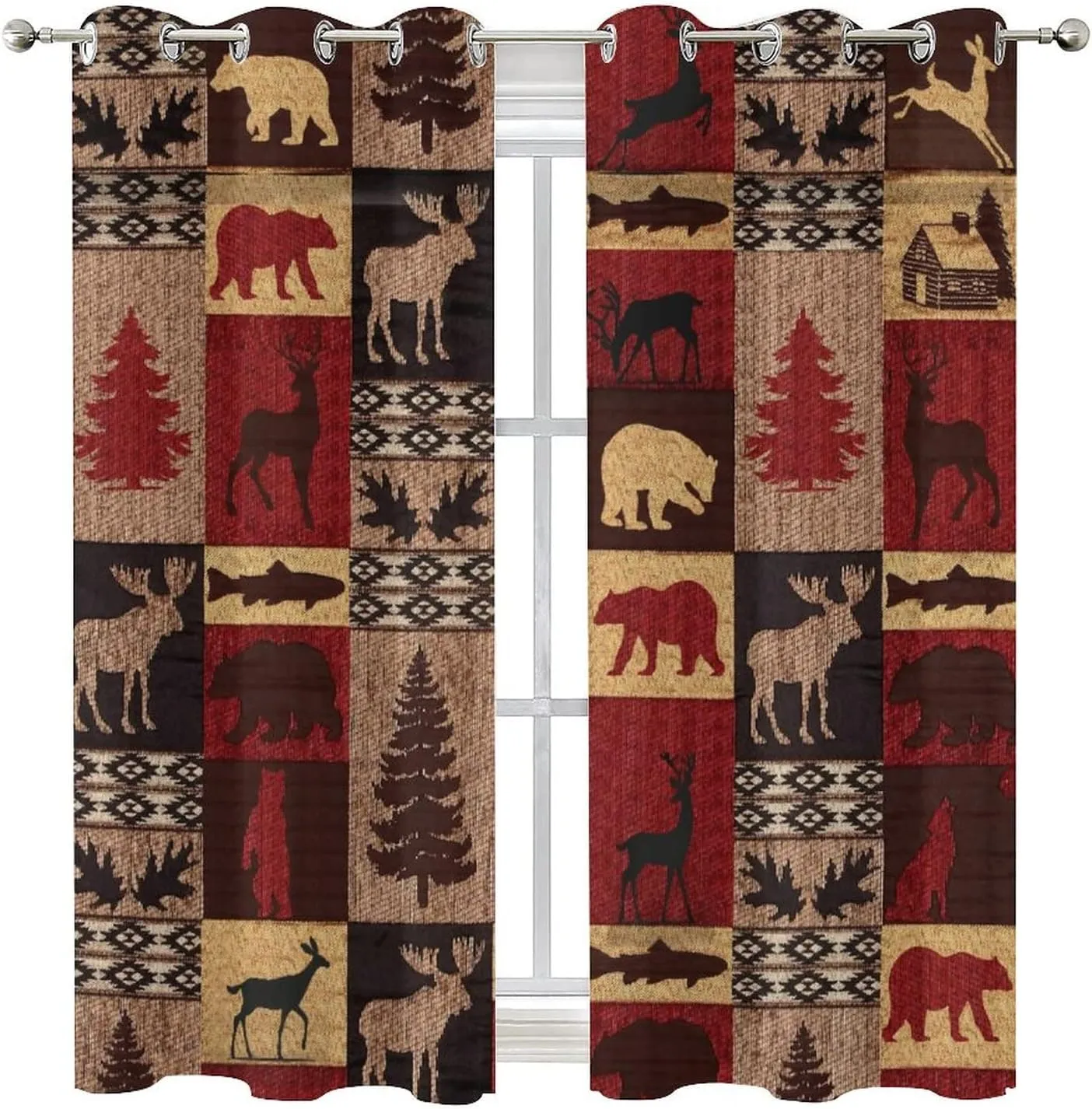 Retro Rustic Bear Deer Room Darkening Blackout Window Curtains with Grommets,Farmhouse Cabin Bear Moose Red Black Check Plaid Energy Efficient Window Treatment for Living Room 2 Panels 45L x 21W
