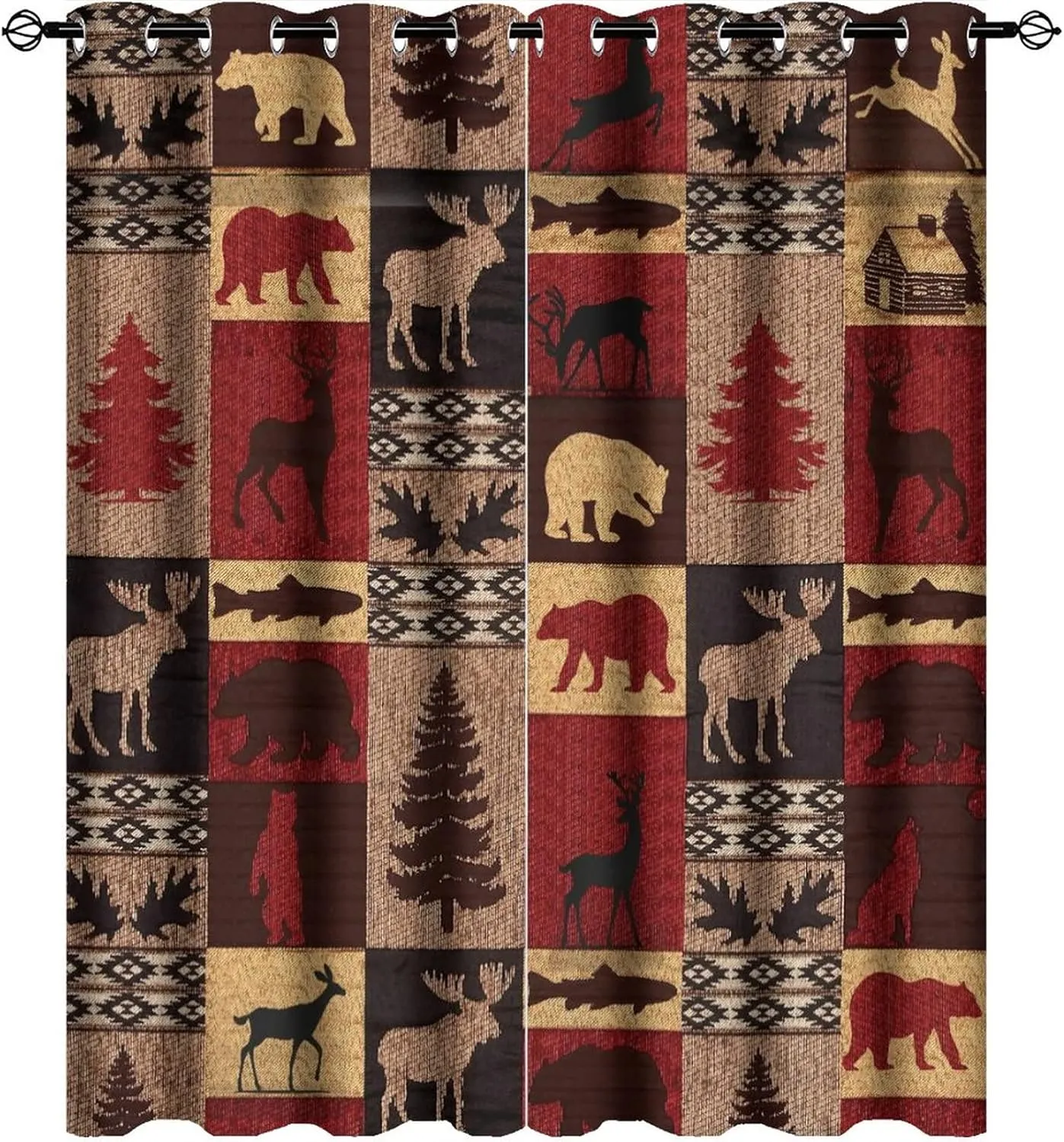 Retro Rustic Bear Deer Room Darkening Blackout Window Curtains with Grommets,Farmhouse Cabin Bear Moose Red Black Check Plaid Energy Efficient Window Treatment for Living Room 2 Panels 45L x 21W